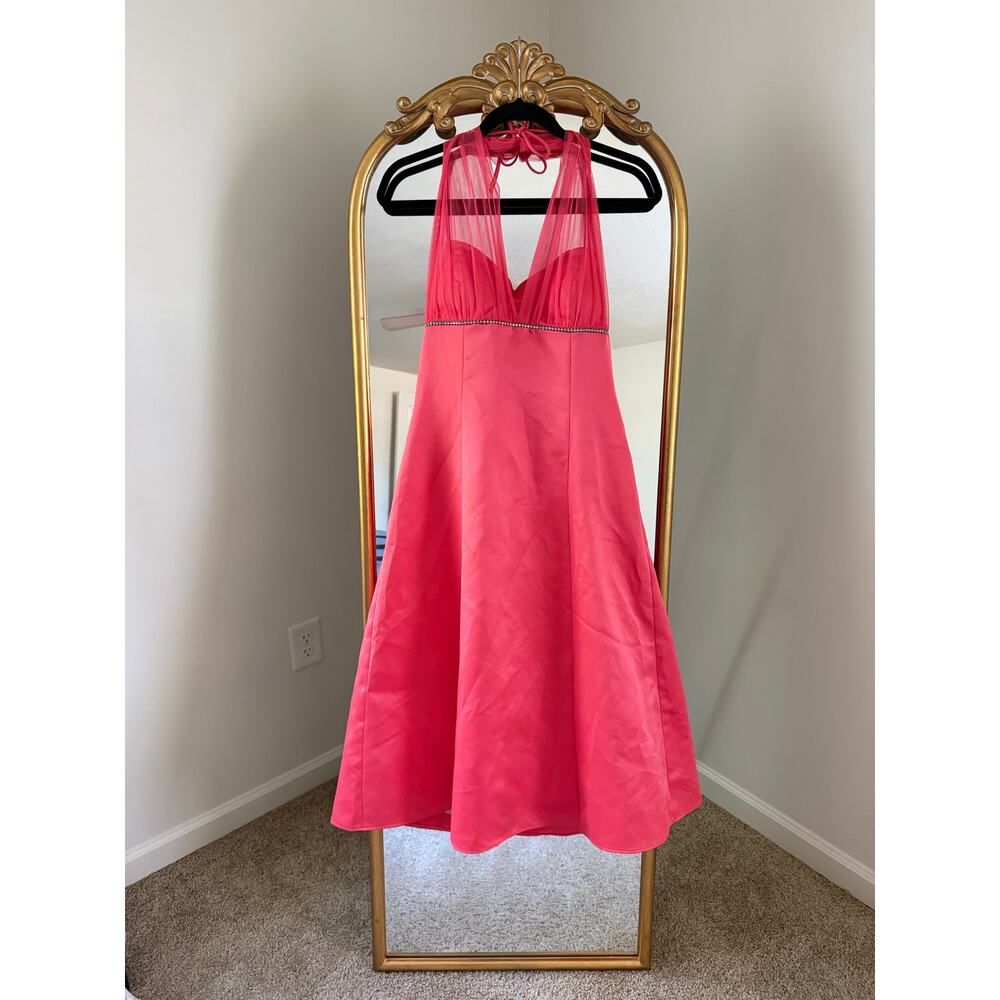 Vintage Y2K 90s Onyx Nite Pink Sheer Rhinestone Halter Dress - Picture 2 of 14